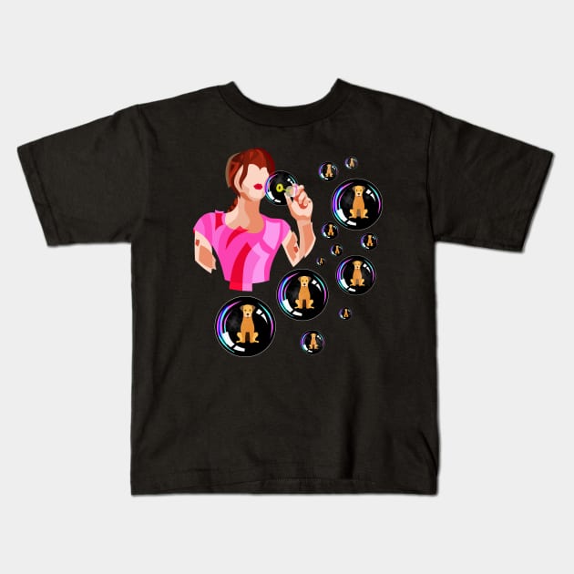 A CRAZY GIRL BLOWS BUBBLES WITH DOG Kids T-Shirt by STYLIZED ART